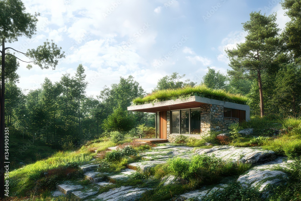 Modern eco-friendly house with a green roof surrounded by lush forest and rocky terrain Modern eco-friendly house with a green roof surrounded by lush forest and rocky terrain