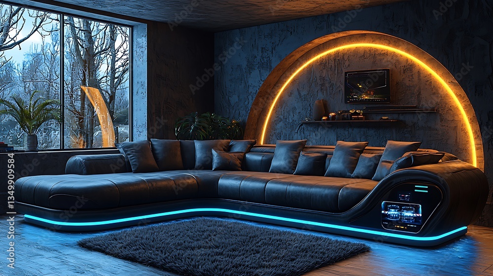 Fototapeta premium Elegant black leather sofa with glowing edges high resolution picture