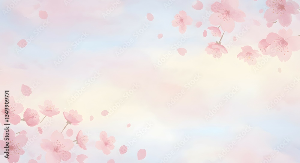 Romantic Cherry Blossom Petals Floating Over a Tranquil Pastel Sky. Romantic Cherry Blossom Petals Floating Over a Tranquil Pastel Sky.