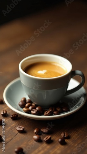 Espresso coffee cup on wooden table with scattered coffee beans , vintage, coffee