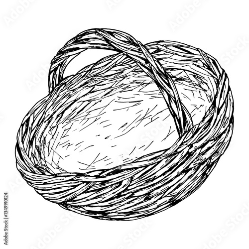Hand-drawn wicker basket with a handle, crafted from intertwining twigs. Rustic style, perfect for Easter, harvest themes, markets, decorative designs. Ideal for packaging, food illustration