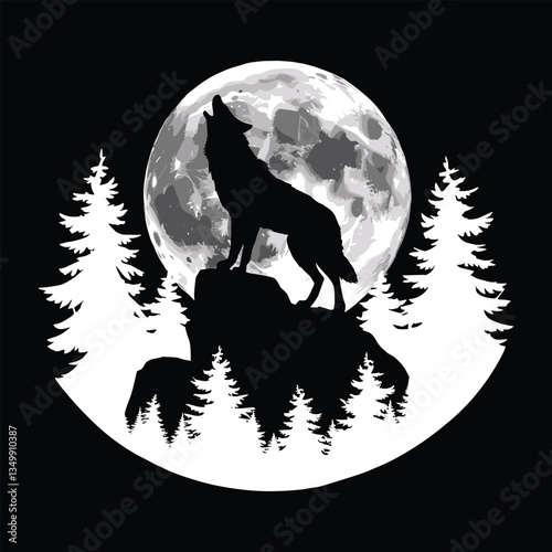 A wolf howling with full moon vector illustration