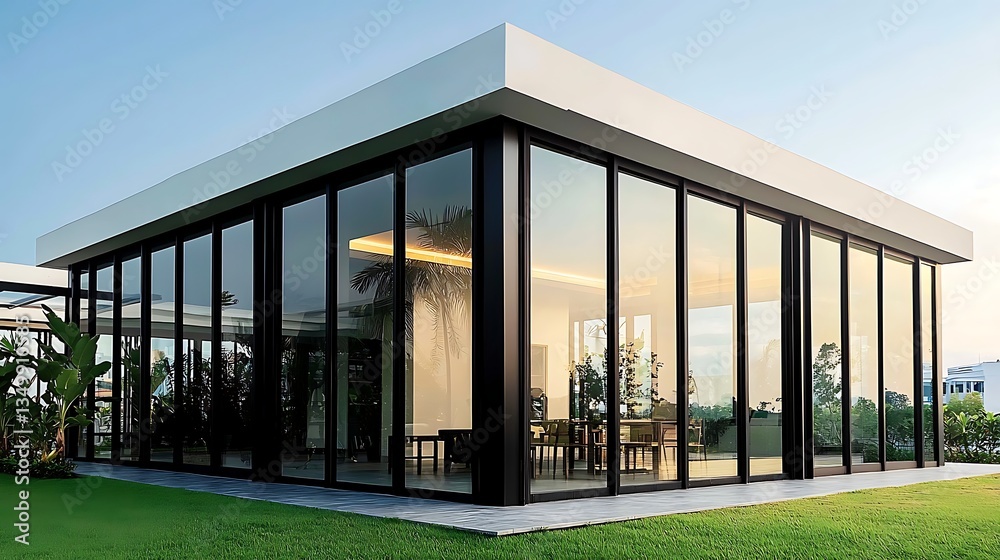 Modern Glass House Surrounded by Greenery and Bright Sky Modern Glass House Surrounded by Greenery and Bright Sky