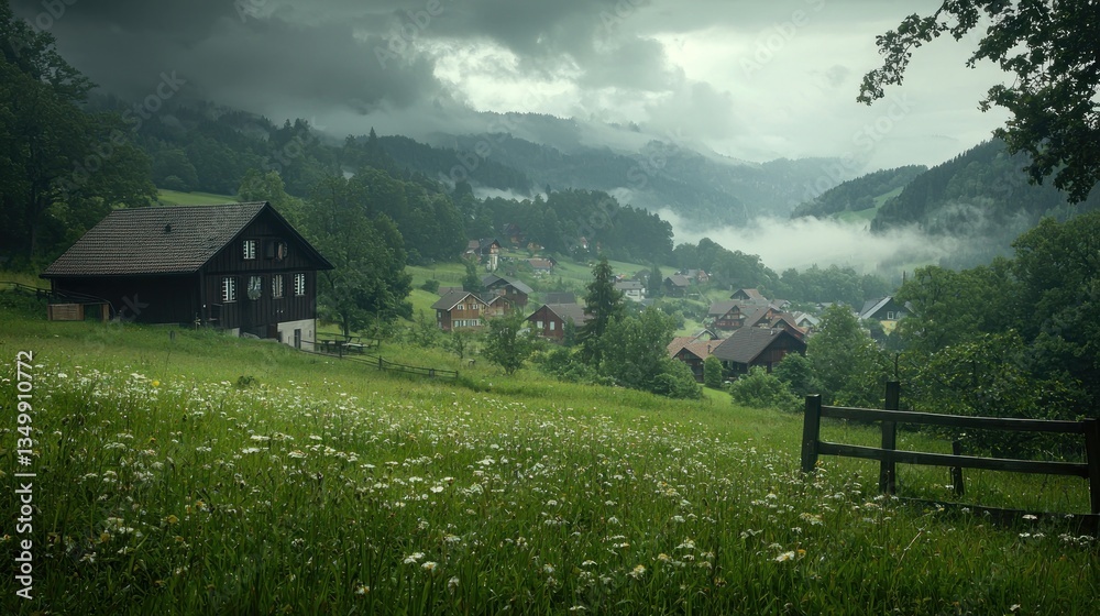 Alpine village nestled in valley, moody sky, wildflowers. Use nature wallpaper Alpine village nestled in valley, moody sky, wildflowers. Use nature wallpaper