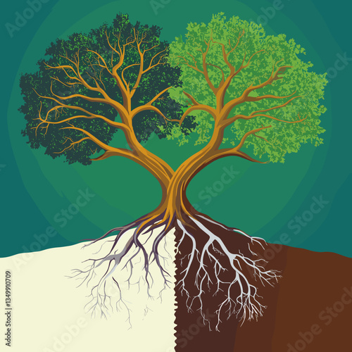 Family conflicts symbolized by a divided tree with contrasting sides

