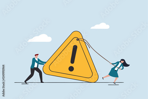 Attention message, notice or caution awareness, risk, dangerous or threat notification, problem alert, beware or mistake warning concept, businessman pushing exclamation triangle attention sign.