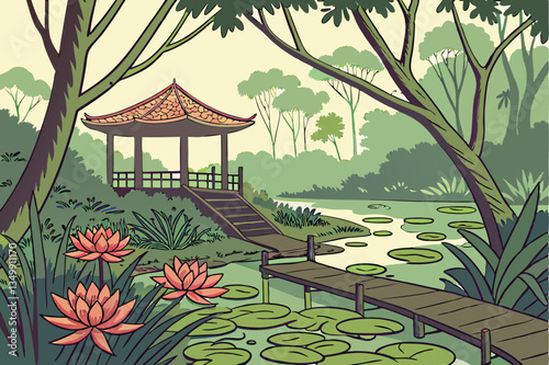 63 Tropical garden paradise, serene lily pond, wooden walkway, lush green foliage, exotic plants, tranquil water reflections, dappled sunlight, vibrant flowers, traditional Asian pavilion, zen atmosph