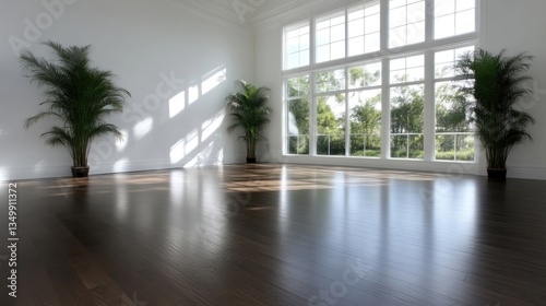 Empty room with polished dark hardwood floors and large windows overlooking a garden