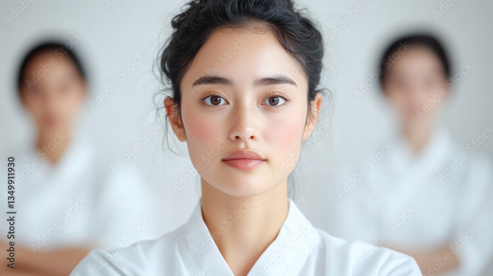 A confident woman stands in front with a serene expression, surrounded by others in white attire, at a wellness workshop taking place indoors, focusing on self-care A confident woman stands in front with a serene expression, surrounded by others in white attire, at a wellness workshop taking place indoors, focusing on self-care
