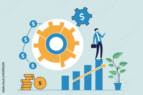 Balanced scorecard measuring performance from financial, customer, process, learning and growth, KPI key performance indicator, efficiency concept, businessman with balanced scorecard chart diagram.