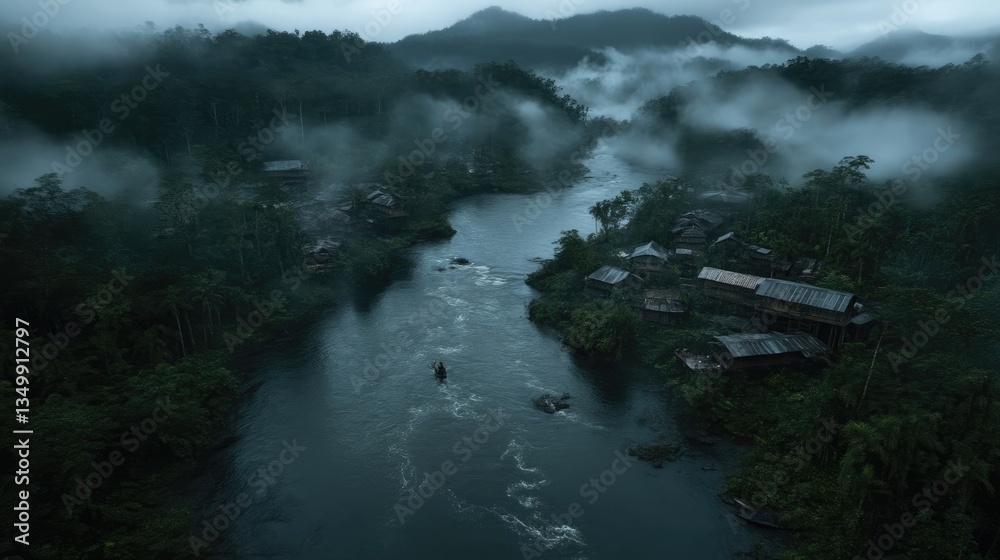 Fototapeta premium Misty Rainforest River Valley with Indigenous Village