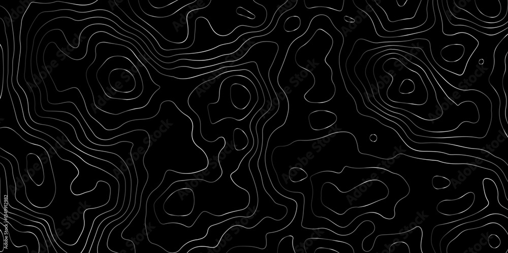 Fototapeta premium Stylish Dark Terrain Mapping Wavy Line Contour Background. Flowing Contour Lines on Black Modern Topo Aesthetic