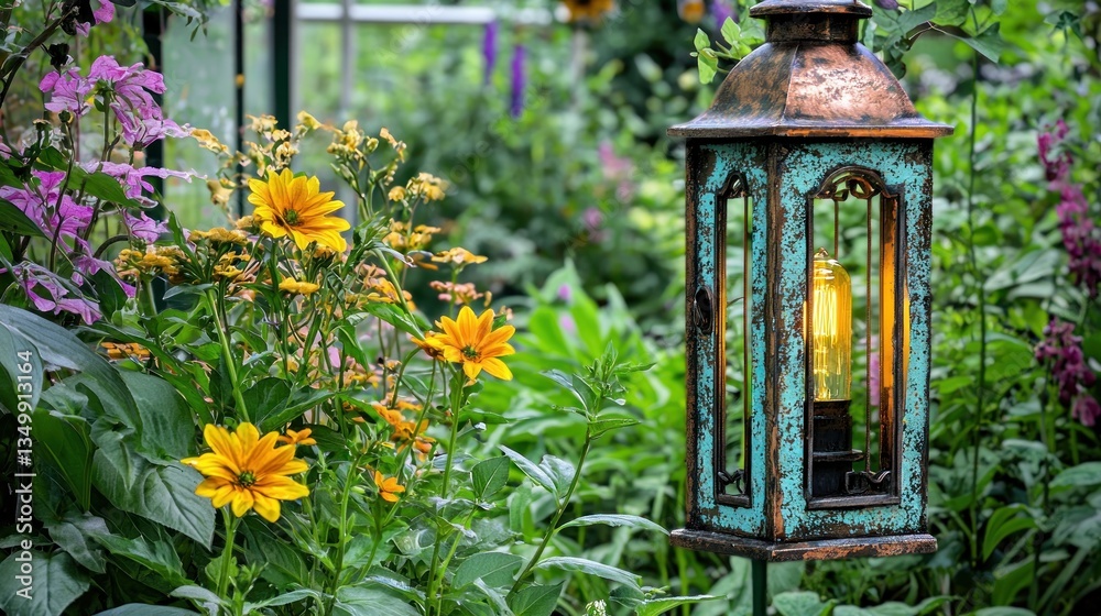 Decorative lantern in a garden setting with vibrant flowers Decorative lantern in a garden setting with vibrant flowers