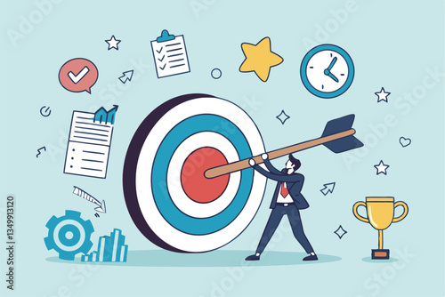 Goals setting, target achievement, focus on success outcome, planning to reach target bullseye, measurable result or clarity motivation concept, businessman with target bullseye and goal elements.