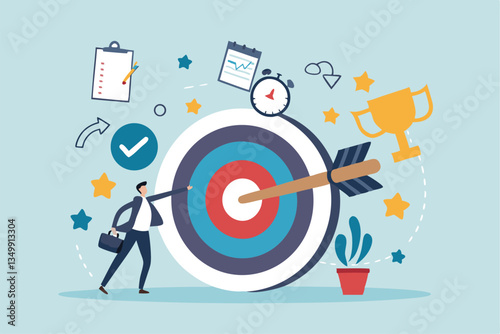 Goals setting, target achievement, focus on success outcome, planning to reach target bullseye, measurable result or clarity motivation concept, businessman with target bullseye and goal elements.
