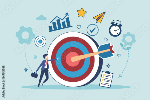 Goals setting, target achievement, focus on success outcome, planning to reach target bullseye, measurable result or clarity motivation concept, businessman with target bullseye and goal elements.
