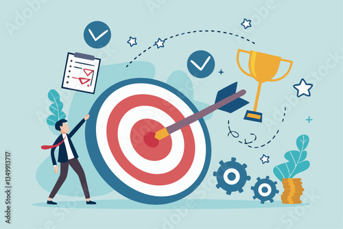 Goals setting, target achievement, focus on success outcome, planning to reach target bullseye, measurable result or clarity motivation concept, businessman with target bullseye and goal elements.