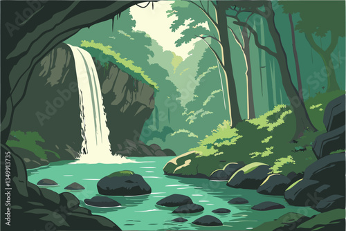 64 Serene turquoise pool, cascading waterfalls, lush green forest, sunlit cavern, moss-covered rocks, ethereal light beams, crystal clear water, tranquil nature scene, hidden oasis, dramatic landscape