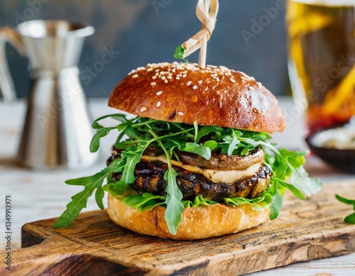 Grilled Portobello Mushroom Burger with Arugula Shot Sideways on Wooden Board in Bright Vegan Café Afternoon