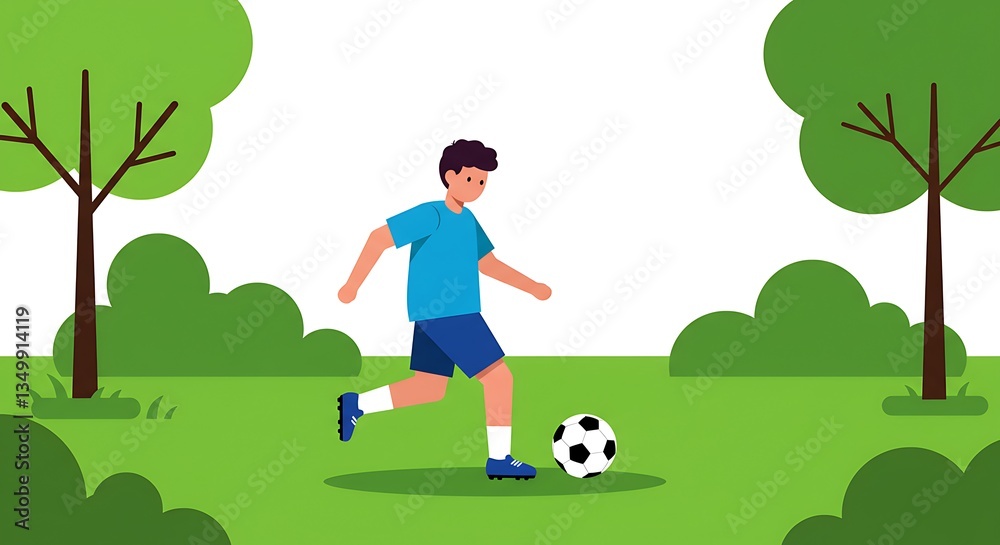 Fototapeta premium Boy Dribbling Soccer Ball in Green Park Illustration Style