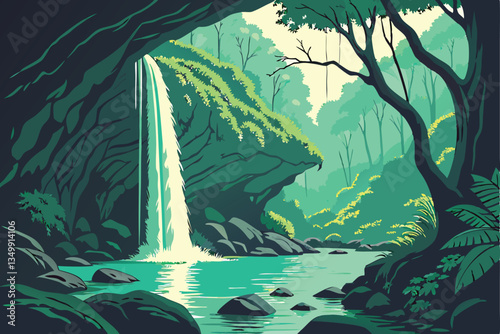 64 Serene turquoise pool, cascading waterfalls, lush green forest, sunlit cavern, moss-covered rocks, ethereal light beams, crystal clear water, tranquil nature scene, hidden oasis, dramatic landscape