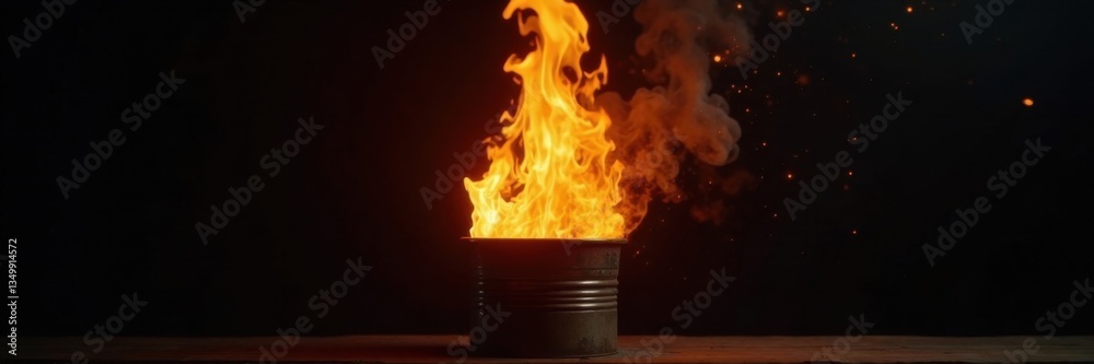 Fototapeta premium Flaming inferno erupts from a metallic container on dark black background, fiery explosion, flames