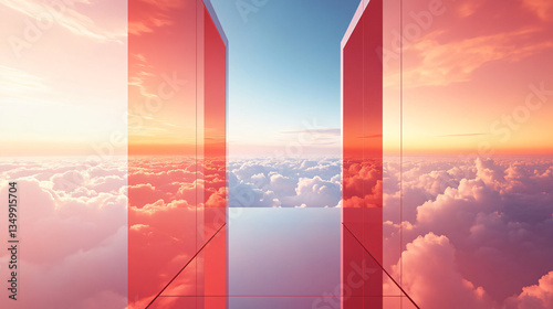 Stunning red building contrasting against a brilliant sky highlighting iridescent and shimmering reflections in a vibrant urban scene.