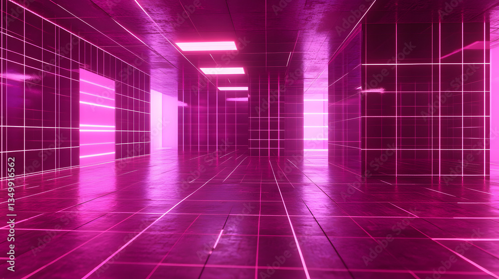 Neon Corridor: Futuristic perspective, vibrant pink and geometric precision create a mesmerizing journey through a surreal neon lit corridor, perfect for science fiction or technology-themed concepts.