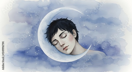 Watercolor Moon Cradling a Dreamer in a Celestial Night Sky of Stars and Clouds.