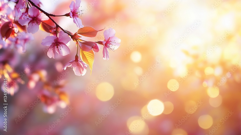 Fototapeta premium Delicate pink cherry blossoms bathed in golden sunlight with bokeh effect