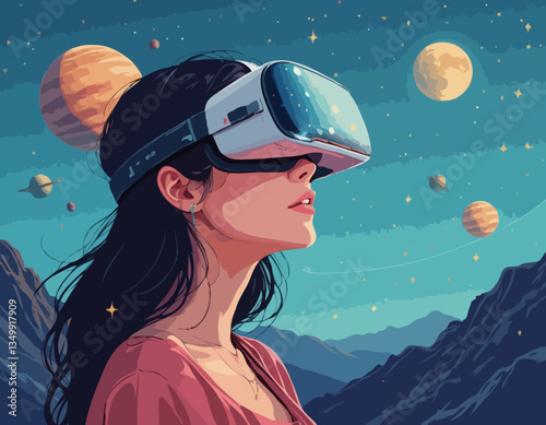 Vector illustration of a woman using virtual reality glasses. The planets and the stars next to her. The concept of modern technology and new experience