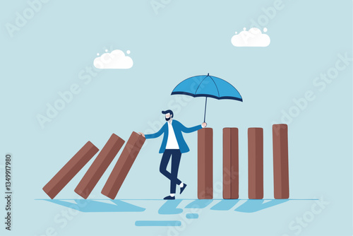 Control risk in investment crisis, failure prevention, stop domino effect, protection or solution to solve problem, stop uncertainty or insurance concept, businessman stop domino collapsing despair.