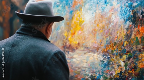 Artist observing large abstract painting outdoors photo