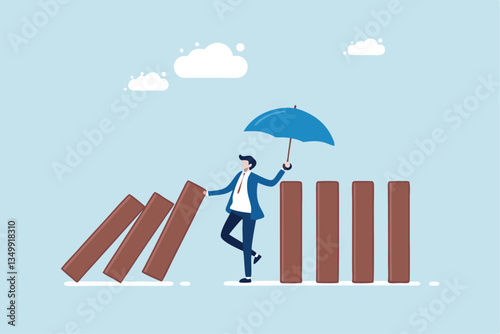 Control risk in investment crisis, failure prevention, stop domino effect, protection or solution to solve problem, stop uncertainty or insurance concept, businessman stop domino collapsing despair.