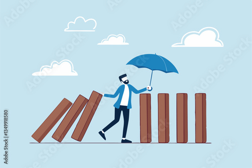 Control risk in investment crisis, failure prevention, stop domino effect, protection or solution to solve problem, stop uncertainty or insurance concept, businessman stop domino collapsing despair.