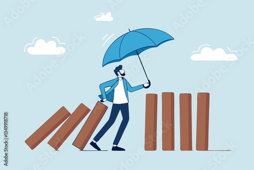 Control risk in investment crisis, failure prevention, stop domino effect, protection or solution to solve problem, stop uncertainty or insurance concept, businessman stop domino collapsing despair.