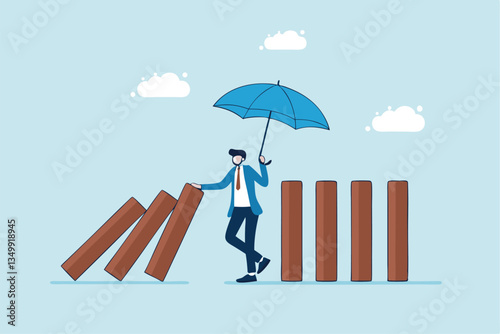 Control risk in investment crisis, failure prevention, stop domino effect, protection or solution to solve problem, stop uncertainty or insurance concept, businessman stop domino collapsing despair.