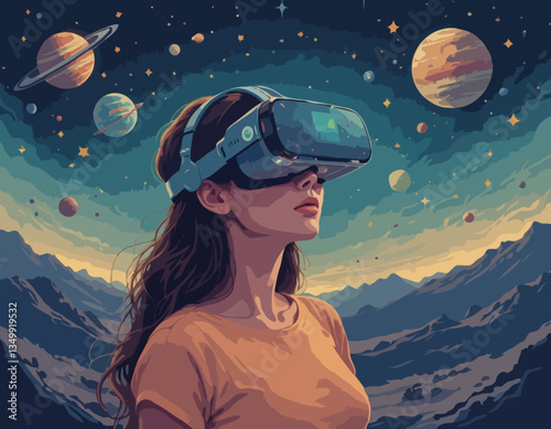 Vector illustration of a woman using virtual reality glasses. The planets and the stars next to her. The concept of modern technology and new experience