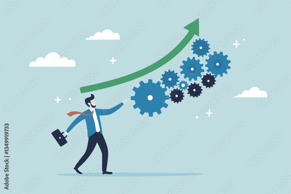 Growing efficiency, process improvement, increase development or productivity, working process, innovation or strategy for work efficiency concept, businessman work with laptop on increase efficiency. Growing efficiency, process improvement, increase development or productivity, working process, innovation or strategy for work efficiency concept, businessman work with laptop on increase efficiency.