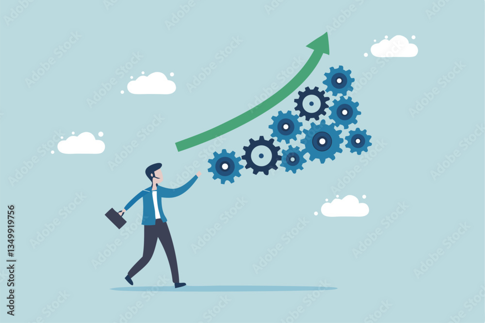 Growing efficiency, process improvement, increase development or productivity, working process, innovation or strategy for work efficiency concept, businessman work with laptop on increase efficiency. Growing efficiency, process improvement, increase development or productivity, working process, innovation or strategy for work efficiency concept, businessman work with laptop on increase efficiency.