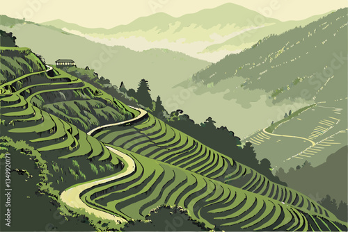 66 Majestic mountain landscape, winding roads, lush green terraced hills, misty valleys, aerial view, ethereal atmosphere, rice paddies, Southeast Asian scenery, dramatic lighting, verdant slopes, ser