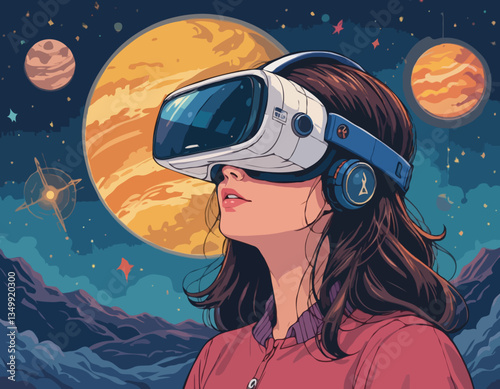Vector illustration of a woman using virtual reality glasses. The planets and the stars next to her. The concept of modern technology and new experience