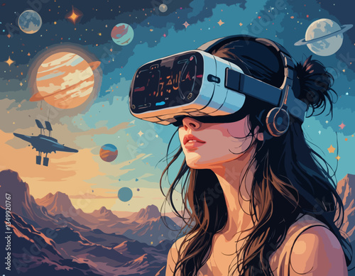 Vector illustration of a woman using virtual reality glasses. The planets and the stars next to her. The concept of modern technology and new experience