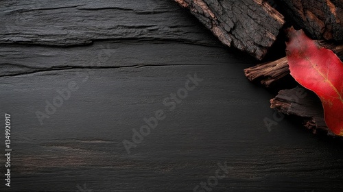 Dark wood surface with charcoal and red leaf