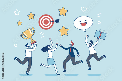 Employee engagement, work satisfaction or happiness, company commitment or employee appreciation, wellbeing or inclusive concept, happy business people employees jump with work engagement elements.