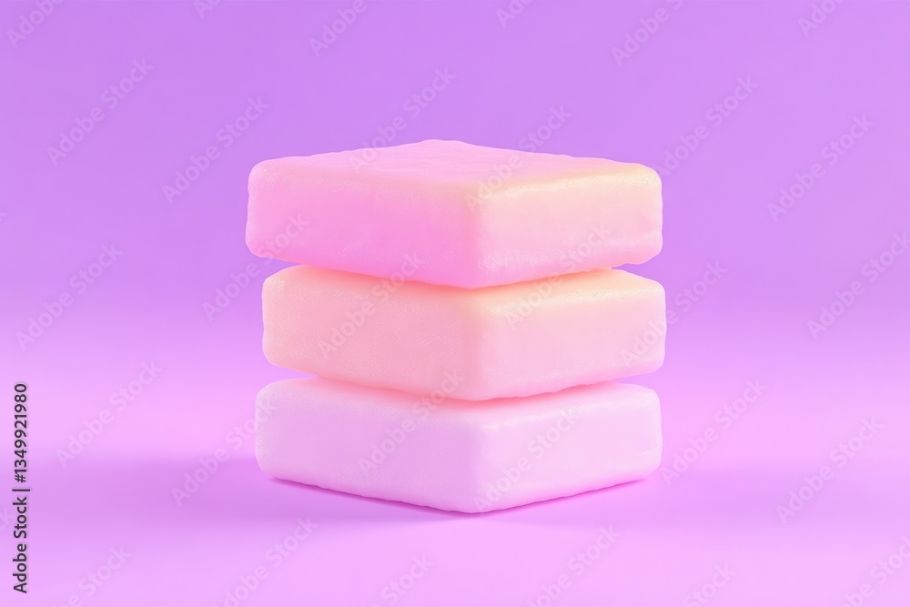 Stack of pastel-colored soap bars. Three square bars of varying shades of pink and peach stacked vertically against a vibrant purple background.  Soft, smooth surfaces.  Simple, minimalist aesthetic