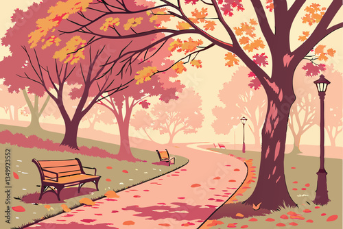 67 Autumn park scene, vibrant fall foliage, tree-lined path, pink and orange leaves, fallen leaves on ground, wooden benches, misty atmosphere, shallow depth of field, soft focus, romantic setting, tr