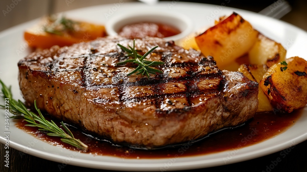 Grilled steak on a plate with potatoes and sauce, restaurant setting, close-up Grilled steak on a plate with potatoes and sauce, restaurant setting, close-up