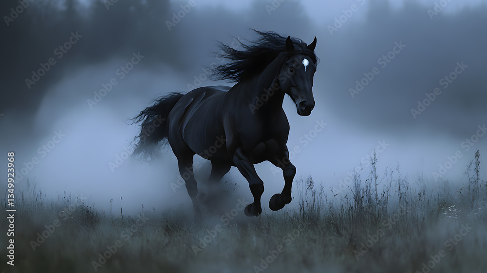 Obraz premium Mystical Night Rider: A majestic black horse gallops through an ethereal, misty landscape under the cloak of night, its eyes gleaming with an otherworldly light.