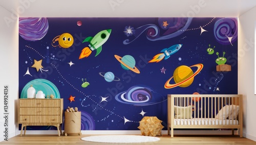 Space theme. Creative and bright eco design of a children's room. Bright fantasy wallpaper on the wall of baby room.